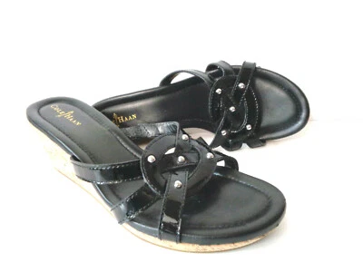 Сандалии-шлепанцы COLE HAAN США 7,5 м черные лакированная кожа на танкетке пробковая платформа обувь  - Изображение 1 из 4