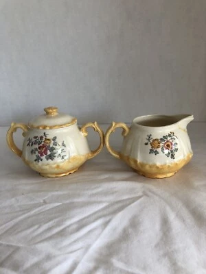 Vtg Porcelain Sugar Normal W/Lid & Creamer-Floral Pattern-Yellow/White Base/Trim - Image 1 of 4