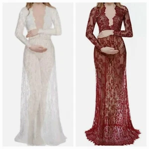 2 SCHÖNES SPITZENLANGES WEISS & BURGUND/ROT UMSTANDSFOTOSHOOTING KLEID MEDIUM - Bild 1 von 3
