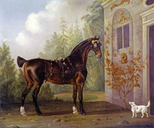 DARK BAY CARRIAGE HORSE WITH TERRIER DOG ANIMAL PAINTING BY THOMAS GOOCH REPRO - Picture 1 of 3