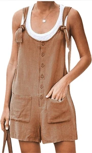 NEW Cotton Linen Romper Overalls Jumpsuit Shorts M - Picture 1 of 3