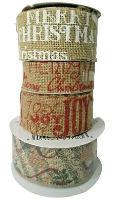 Assorted Burlap Christmas Ribbon Vintage Hancock Fabrics Four Spools Unused - Image 1 of 4