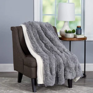 Lavish Home Collection Pewter Faux Long Pile Rabbit Fur 60” x 70”, - Picture 1 of 8