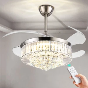 42" K9 Crystal Chandelier Ceiling Fan Light Remote Fandelier w/Retractable Blade - Picture 1 of 47
