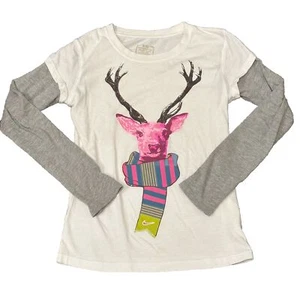 Nike T Shirt Girl's Size M White L/S Holiday Winter Deer Scarf Logo Athletic Cut - Picture 1 of 6