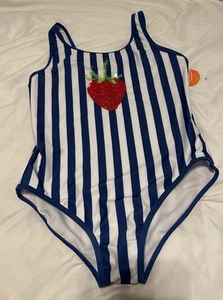 Wonder Nation White Blue Stripe Strawberry Swimsuit Youth Girls Size 18 XXL NWT - Picture 1 of 9