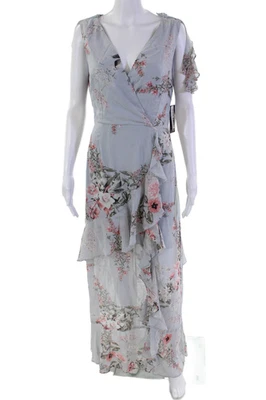 Aqua Women's V-Neck Ruffle Sleeveless Maxi Floral Dress Dusty Blue Size M - Image 1 of 4