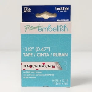 BROTHER P-TOUCH EMBELLISH TZE-MPPH31 BLACK ON PINK HEART TAPE NEW S/H - Picture 1 of 4