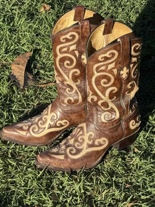 TONY LAMA 7.5 B Earth Santa Fe Snip Toe Creme Inlay Leather Western Boots VF3024 - Picture 1 of 9