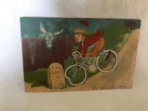 Vintage Postkarte The Last Mile Stone Poststempel 1906 Comickarte Junge Fahrrad - Bild 1 von 2