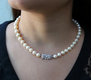 9.4mm Pearl Necklace Salt Water With White Gold Clasp 0.3 ct Diamonds 16.5 in - Picture 1 of 8