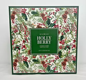 Pottery Barn Holly Berry 10 1/2" Dinner Plates Christmas Pinecones Set 4 New - Picture 1 of 4