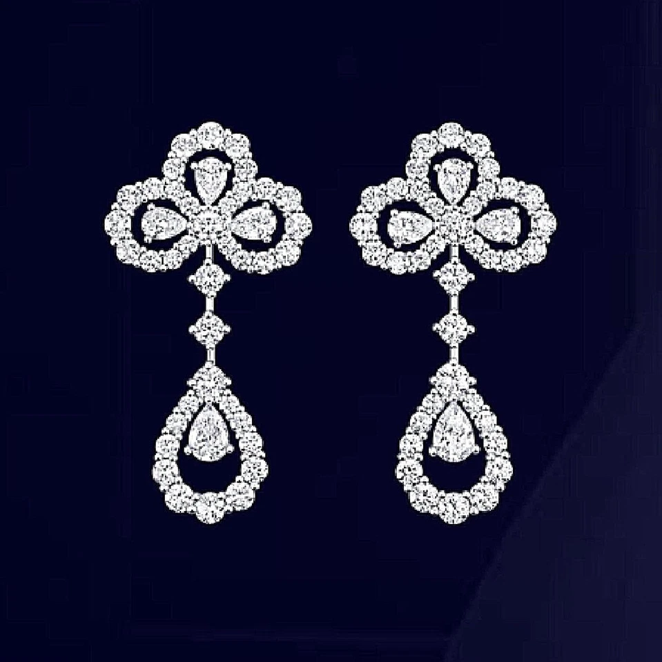 耳环 14k 白色黄色或玫瑰金钻石花卉吊坠吊灯 — 第 1/2 张图片
