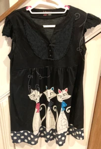 YUMI Dress Black with Cats pattern, polyester, size Petite L or normal Austl S - Picture 1 of 6