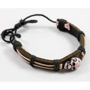 Brown & Pink Leather & Cord Adjustable Bracelet Skull Bead Goth - Bild 1 von 6
