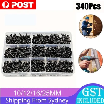 340PCS Self-tapping Screws M3/M3.5/M4/M5 Black Pan Head Cross Head Set Kit       - image 1 of 4