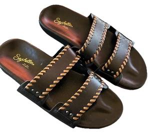 Women's 10 Seychelles Footwear "Catch A Wave" Slide Sandal Black/Brown Stitches - Picture 1 of 9