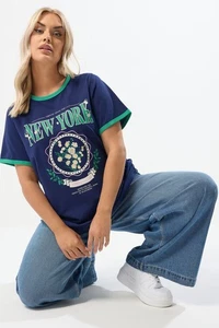 Yours Curve Women's Plus Size 'New York' Varsity Ringer T-Shirt - Picture 1 of 7