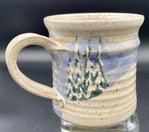 Vintage Studio Art Pottery Mug, Snow/Evergreens/Mountain/Clear Blue Sky, Signed - Picture 1 of 9