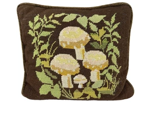 Vintage MCM Needlepoint Mushroom Throw Pillow 12” Brown Velvet Backing - Picture 1 of 4
