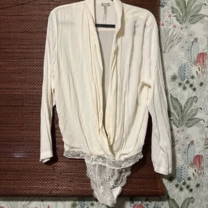 Free People Womens Ivory Long Sleeve Surplice V Neck Lace Floral Bodysuit Size S - Picture 1 of 5