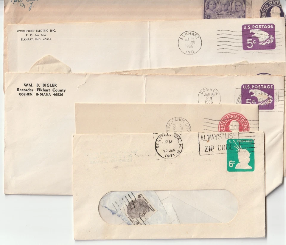 LOT OF 5 VINTAGE US BUSINESS COVER ENVELOPES WITH EMBOSSED POSTAGE STAMPS - Image 1 of 3