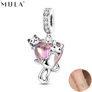 MULA 925 Sterling Silver Naughty Cat Heart Pink CZ DIY Charm For Women Bracelet - Picture 1 of 6