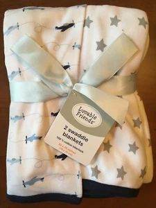 Luvable Friends Cotton Interlock Swaddle Blankets Boys Airplanes Stars Blue NEW - Picture 1 of 8
