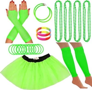 NEON GREEN TUTU GLOVES LEGWARMERS BEADS EARRINGS BANGLES WOMENS 80S FANCY DRESS  - Picture 1 of 8