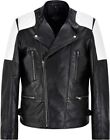 Men Biker Retro Cafe Racer Contrast Design Fashion Black Leather Jacket 