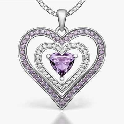 925 Пробы сердце ожерелье подарок для женщин с CZ аметист - США запас - Изображение 1 из 3