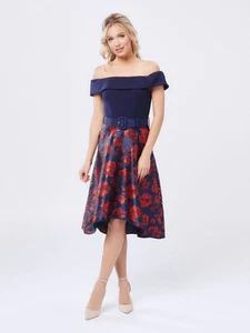 Caroline Morgan Women 16 Navy Red Floral Flowers Pockets Belt Off Shoulder Dress - Picture 1 of 13