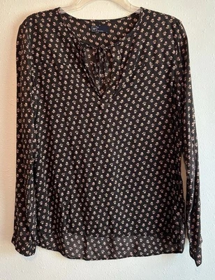 Gap 长袖花卉灰色农民衬衫 M 码 Academia 锁孔 领带 前波西米亚 — 第 1/4 张图片