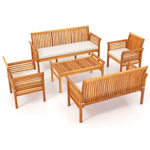 5 PCS Patio Furniture Set w/ Acacia Wood Frame & Removable Seat Cushions - Picture 1 of 9