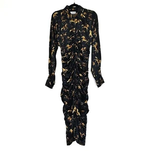 Ganni Ruched Horse Print Dress Size 36/ 8 US 4 Silk Satin Black Gold Long Sleeve - Bild 1 von 11