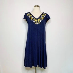 Adrianna Papell Dress Knit Navy Blue Embroidered Neckline Floral Flutter Sleeve - Picture 1 of 6