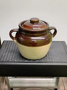Vintage Bohnentopf Keramik Steinzeug Topf Braun Creme Doppelschlaufe Griff USA - Bild 1 von 6
