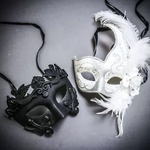 Black Roman Warrior & White Side Feather Glitter Couple Masquerade Ball Mask - Picture 1 of 1