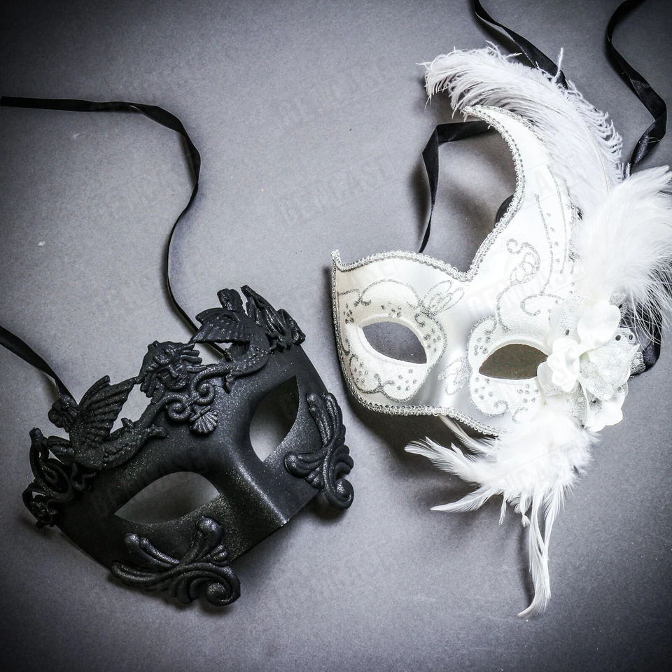 Black Roman Warrior & White Side Feather Glitter Couple Masquerade Ball Mask - Image 1 of 1