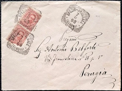 REGNO 🇮🇹 "SPEZIA ARSENALE" BUSTA 10C COPIA X PERUGIA - TOND RIQUADRATO PUNTI 4 - Immagine 1 di 3