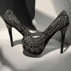 Breckelles Black Studded Platform Stiletto Heels Sz 7 Glam Bling Pumps 6in Heels - Picture 1 of 18