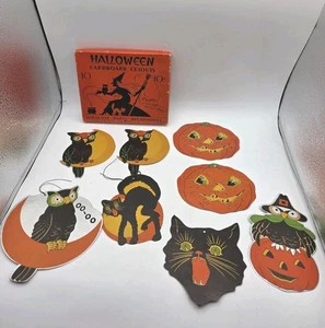 Vintage Halloween Cardboard Cutouts Die Cuts Cut Outs Decorations Witch Box Cat - Picture 1 of 12