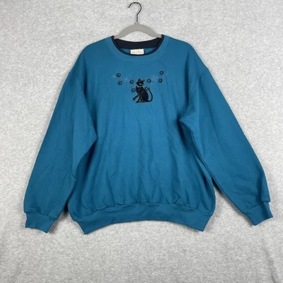 Топ стежок бархата Cat бирюзовый толстовка женщин размер 1 X новинка 90-х Artsy уютный - Изображение 1 из 4