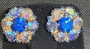 Vintage Earrings Warner Blue Aurora Borealis AB Domed Rhinestone Clip On 1” - Picture 1 of 3