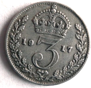 1917 GREAT BRITAIN 3 PENCE - Excellent Sterling Silver Coin - FREE SHIP - #3psv - Picture 1 of 2