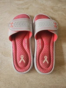 Women's Under Armor Comfort Slide Pink Breast Cancer Awareness Sandals Size 9 - Picture 1 of 21
