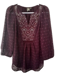 One September Anthro Maroon Embellished Embroidered Sequin Tunic Top Sz S EUC - Picture 1 of 8
