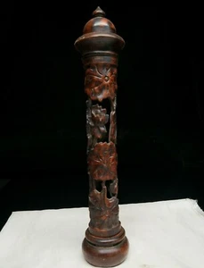 Collect wood Hollow out lotus flower statue figure netsuke incense burner tube - Foto 1 di 8