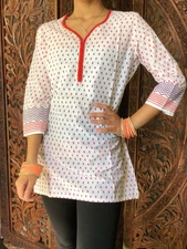 Boho Hippy Gypsy White Simple Floral Print Cotton Comfy Summer Tunic Tops S 