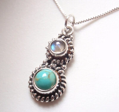 Turquoise and Moonstone with Dotted Accents 925 Sterling Silver Pendant - Image 1 of 3